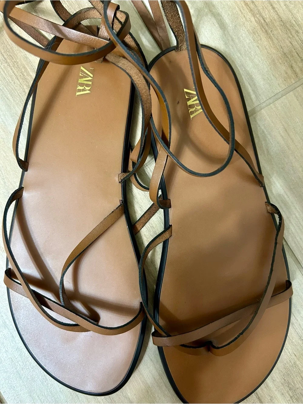 Zara Tan Lace-Up tied Strappy Flat Sandals - Picture 3 of 5